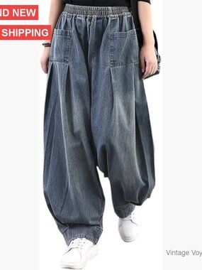 Stretchy Waist Wide Leg Harem Jeans Loose Fit Denim Pants Casual